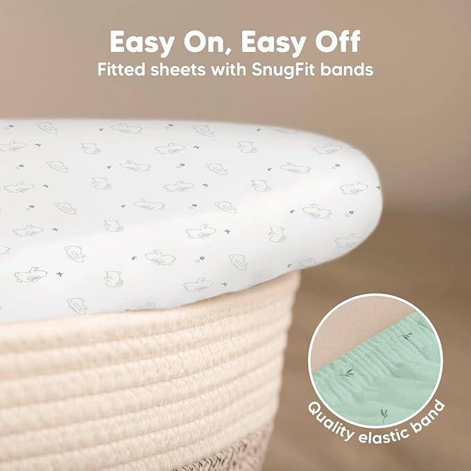 2-Pack Organic Bassinet Sheets for Girls, Boys - 100% Cotton Bassinet Mattress Sheets Compatible with Halo Bassinest Swivel Sleeper, Graco, Baby Delight, Chicco,Unisex Fitted Bassinet Sheets (Bunnies)