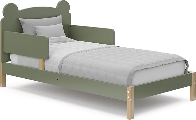 Storkcraft Teddy Bear Toddler Bed (Olive with Driftwood) - GREENGUARD Gold Certified, includes Toddler Safety Guardrails, Fits Standard Crib & Toddler Mattress, Stylish 2-Tone Design