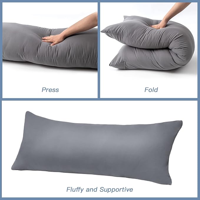 DOWNCOOL Luxury Full Body Pillow Insert with Fiber Cover - Ultra Soft Body Pillow for Sleeping - Breathable Long Bed Pillow Insert, 20"x54"(Grey, with Cover)