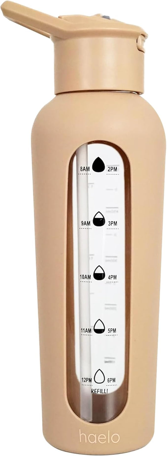 24oz Glass Motivational Water Bottle with Flip Lid Straw, Silicone Protective Sleeve, Handle, Reusable BPA Free (Amber)