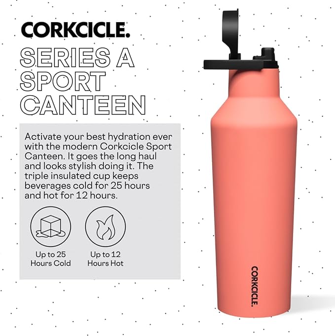 Corkcicle Insulated Canteen Travel Water Bottle, Triple Insulated Stainless Steel, Easy Grip Quick Sip Cap, Keeps Beverages Cold for 25 Hours or Warm for 12 Hours, 32oz, Neon Lights Coral