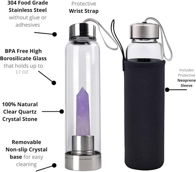 Natural Amethyst Glass Water Bottle Vitality Crystal Energy Stick Water Cup Sports Portable Drinking Water Bottle Gemstone Setting Balance Healing Women Men Gifts