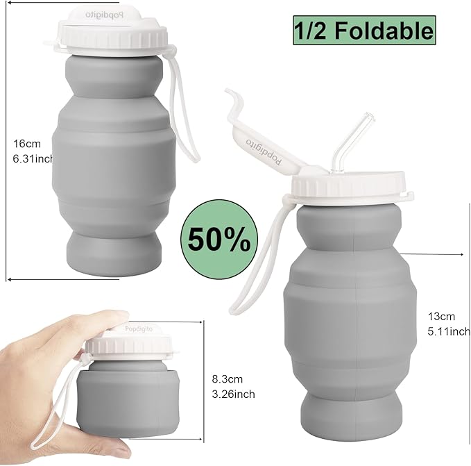 Collapsible Water Bottles,BPA-Free Leak-Proof Silicone Foldable Water Bottle Cup 20.6oz,Durable Lightweight Bottle for Gym Travel Camping Hiking Running (Type2 grey little 320ml)
