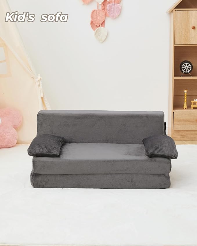 Weighted Idea 2-in-1 Kids Sofa Couch Fold Out for Girls and Boys, Folding Toddler Chairs Comfy Children Couch Baby Recliner, Convertible Sofa to Lounger for Reading Sleeping (Grey, 30x18x16 inches)