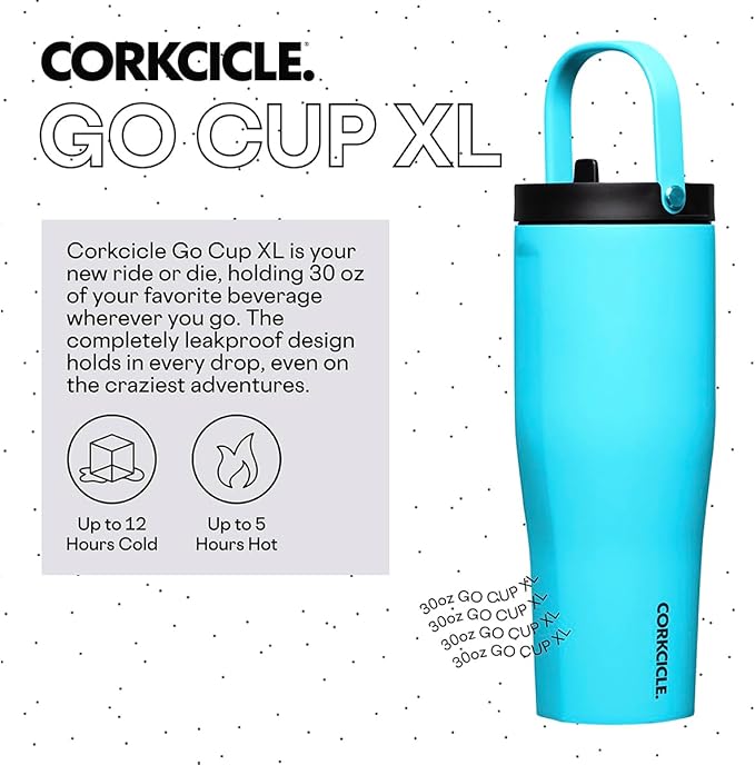 Corkcicle Go Cup XL Insulated Tumbler with Lid and Straw, Capri Blue, 30 oz – Reusable Water Bottle Keeps Beverages Cold for 12hrs – Cupholder Friendly Tumbler, Leak-Proof Design