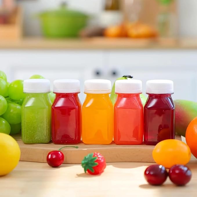 Norcalway 8pcs 2oz Small Plastic Bottles for Liquids - Ginger Shot Lids, Wellness Juice Freezer Safe, Leak Proof, Food Grade Bottles