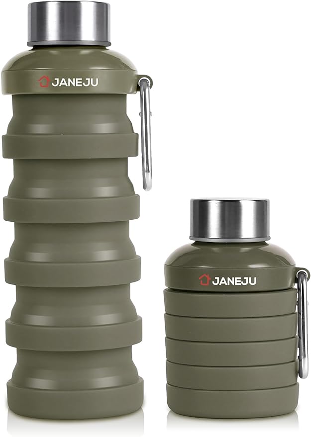 JaneJu Collapsible Water Bottle, 17oz BPA Free Silicone Reusable Portable Lightweight Foldable Water Bottles with Carabiner, Portable Leak Proof Sports Water Bottle (Army Green)