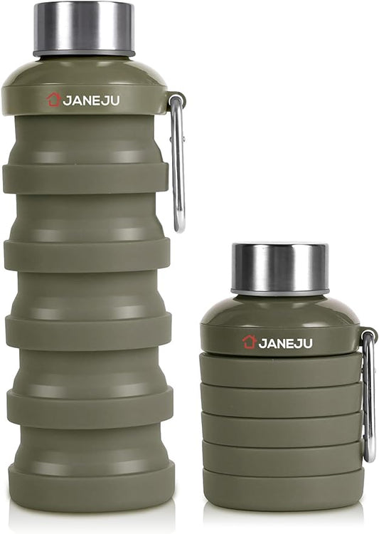 JaneJu Collapsible Water Bottle, 17oz BPA Free Silicone Reusable Portable Lightweight Foldable Water Bottles with Carabiner, Portable Leak Proof Sports Water Bottle (Army Green)