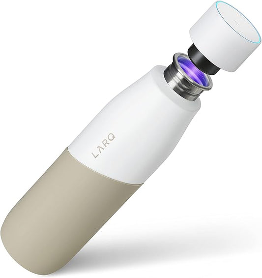 LARQ Bottle Movement PureVis 24 oz- Lightweight Self-Cleaning and Non-Insulated Stainless Steel Water Bottle with UV Water Purifier | Reusable & Travel Friendly, 1-Year Warranty, White/Dune