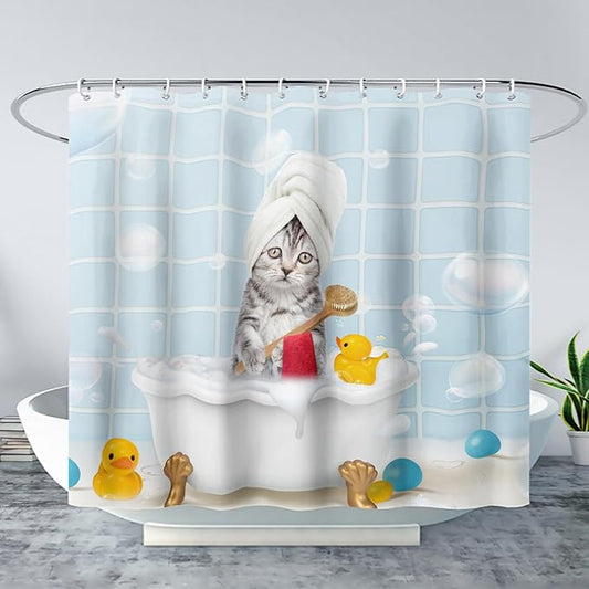 AILONEN 3D Bathtub Cat Shower Curtain for Kids 72" W*78" H Kawaii Shower Cat Shower Curtain,Polyester Waterproof Fabric Decor for Bathroom Bathtub Panels