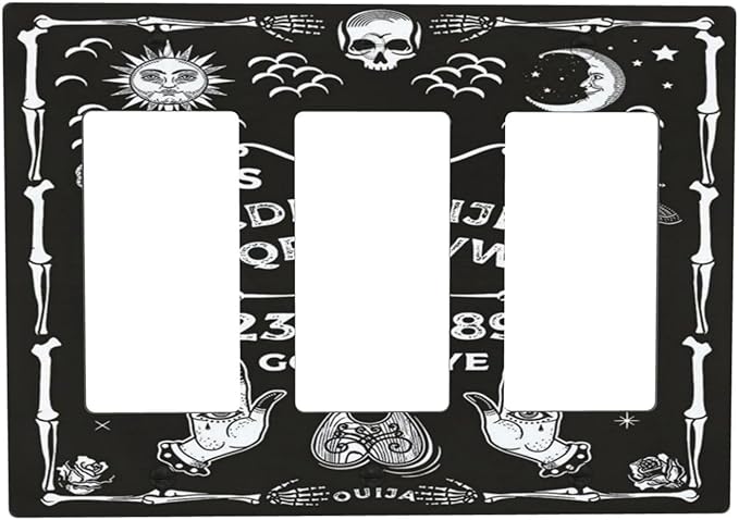Black Witchy Skeleton Skull Gothic Sun Moon 3 Gang Rocker Novelty Light Switch Covers Decorative Unique Triple Outlet Wall Plate Cover Faceplate Decorative Switchplate GFCI for Kitchen