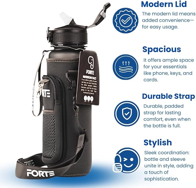 FORTE Plastic Water Bottle with Sleeve - BPA-Free Water Jug with Leak Proof Lid and Straw - Perfect for Gym, Office, and Everyday Use (Grey)