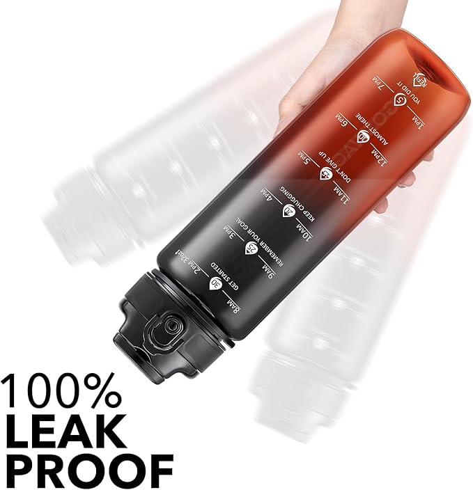 GOSWAG Water Bottles, 32 oz Motivational Sports Water Bottle with Straw and Time Marker to Remind You to Drink, Comes with Carry Strap, Leakproof
