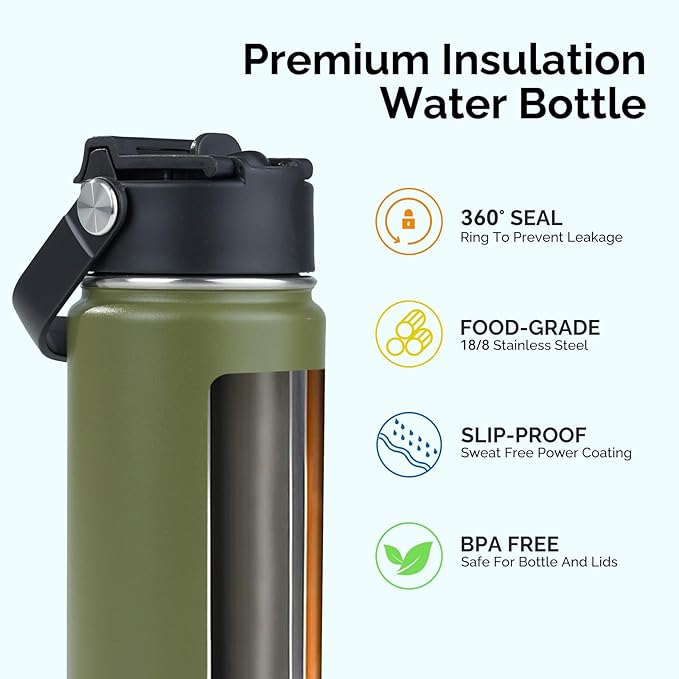 Kerilyn Stainless Steel Insulated Water Bottle, 18oz Double Wall Vacuum Insulated Water Bottle Leak Proof with Silicone Straw, Wide Mouth Lid, BPA Free, Keep Cold and Hot, 18oz, Army Green
