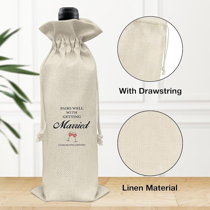 HOIJAUMAI Wedding Gift Wine Bag, Wedding Gift for Mr and Mrs, Engagement Gifts for Couples, Pairs Well with Getting Marriage Burlap Drawstring Wine Bag