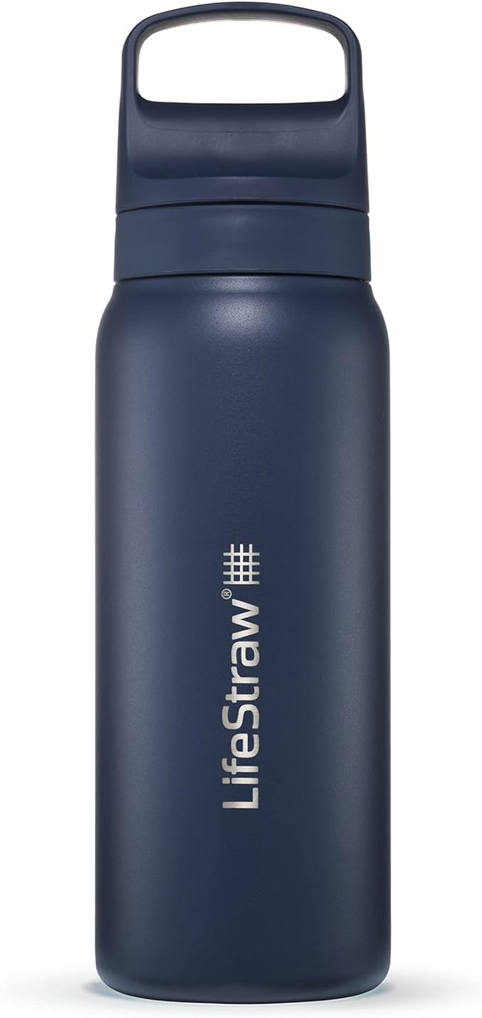 LifeStraw Go Series — Insulated Stainless Steel Water Filter Bottle for Travel and Everyday Use Removes Bacteria, Parasites and Microplastics, Improves Taste, 24oz Aegean Sea