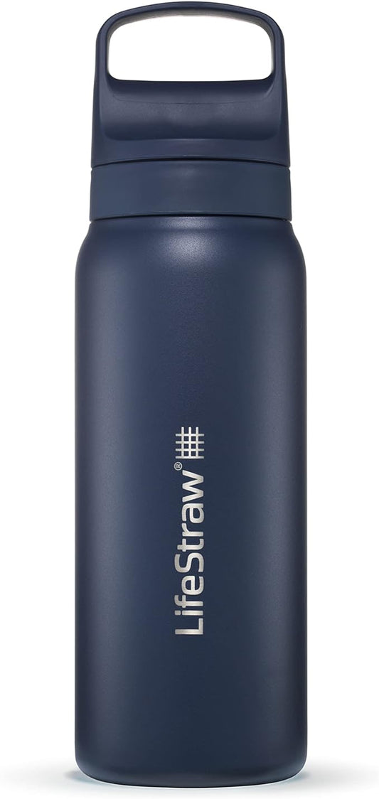 LifeStraw Go Series — Insulated Stainless Steel Water Filter Bottle for Travel and Everyday Use Removes Bacteria, Parasites and Microplastics, Improves Taste, 24oz Aegean Sea
