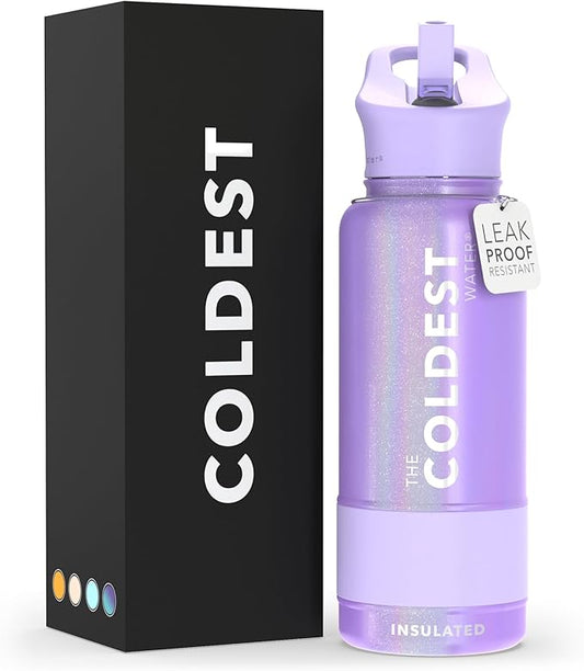 Coldest Sports Water Bottle with Straw Lid Vacuum Insulated Stainless Steel Metal Thermos Bottles Reusable Leak Proof Flask for Sports Gym(32 oz, Saturns Moon Purple Glitter)