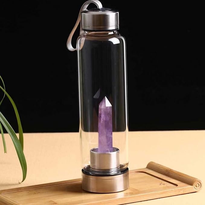 Natural Amethyst Glass Water Bottle Vitality Crystal Energy Stick Water Cup Sports Portable Drinking Water Bottle Gemstone Setting Balance Healing Women Men Gifts