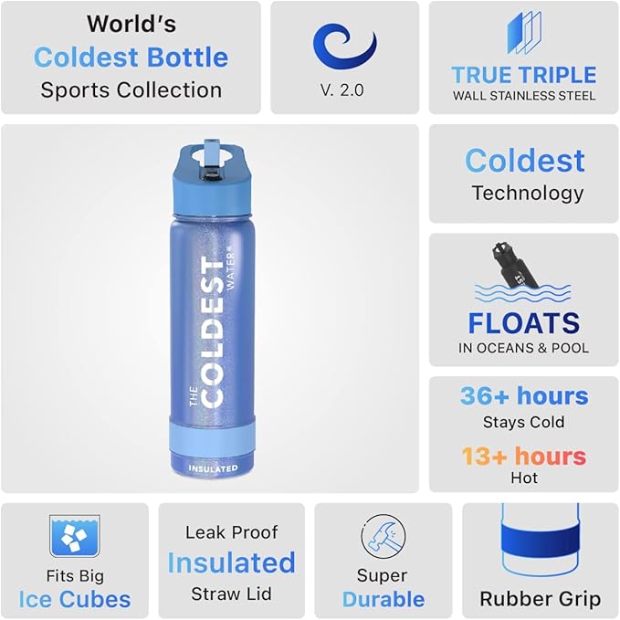 Coldest Sports Water Bottle with Straw Lid Vacuum Insulated Stainless Steel Metal Thermos Bottles Reusable Leak Proof Flask for Sports Gym (24 oz, Galactic Blue)