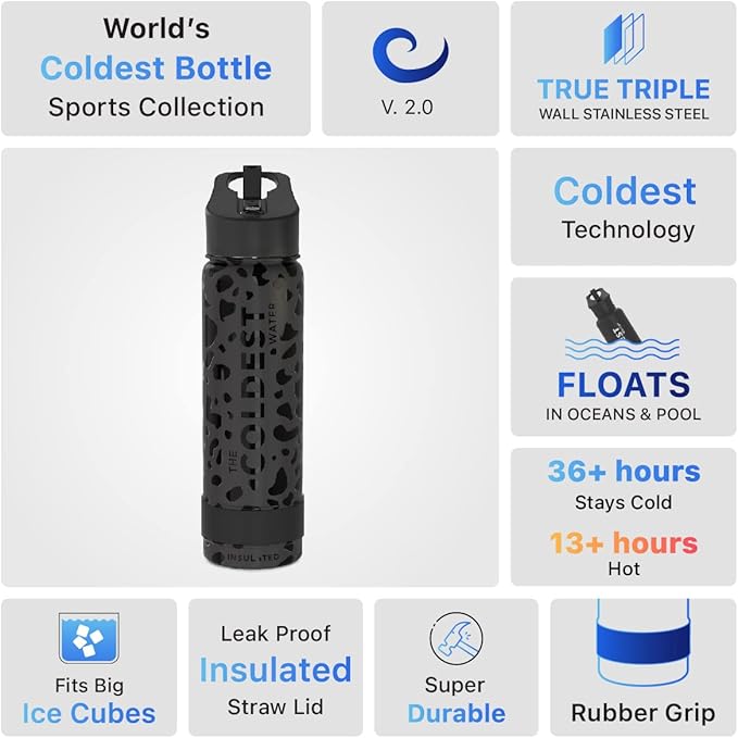 Coldest Sports Water Bottle with Straw Lid Vacuum Insulated Stainless Steel Metal Thermos Bottles Reusable Leak Proof Flask for Sports Gym (24 oz, Black Leopard)