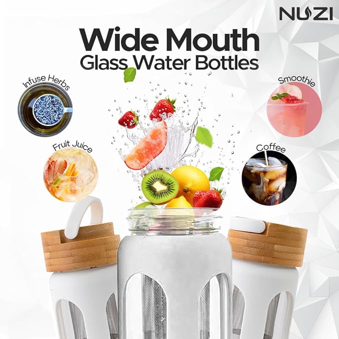 NUZI Glass Water Bottles with Stainless Steel Fruit Infuser | Insulated Water Bottle | Reusable Glass Water Bottles with Silicone Sleeve & Bamboo Lid | BPA Free and Leakproof | White | 1 Pc