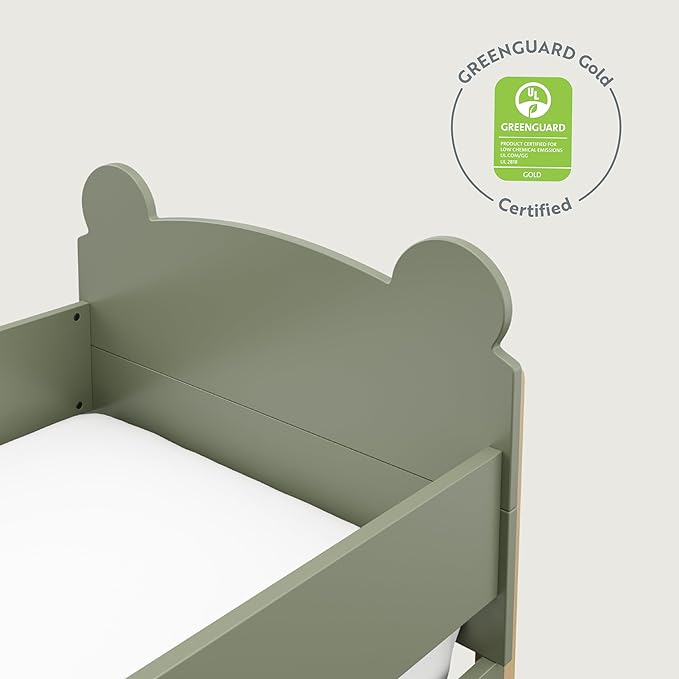 Storkcraft Teddy Bear Toddler Bed (Olive with Driftwood) - GREENGUARD Gold Certified, includes Toddler Safety Guardrails, Fits Standard Crib & Toddler Mattress, Stylish 2-Tone Design