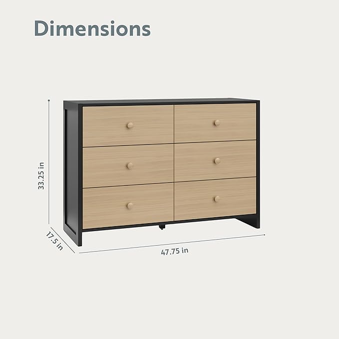 Storkcraft Calabasas 6 Drawer Dresser (Black with Driftwood) - GREENGUARD Gold Certified, 6 Drawer Dresser with Interlocking Drawer System, Dresser Drawer Organizer for Kids' Bedroom