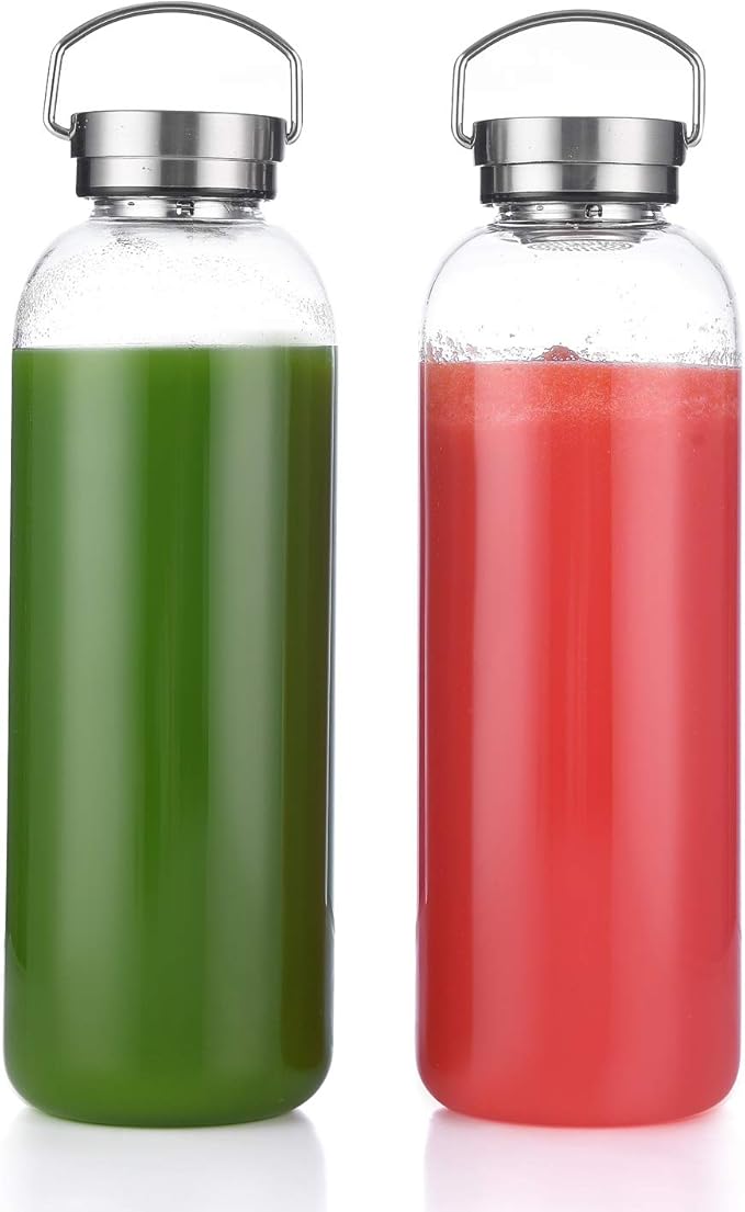 DE.KITCHEN&HIFUN Glasss Water Bottle 64oz, Large Borosilicate Glass 2L for Juice, Glass Water bottle with Steel Cap Filter (2)