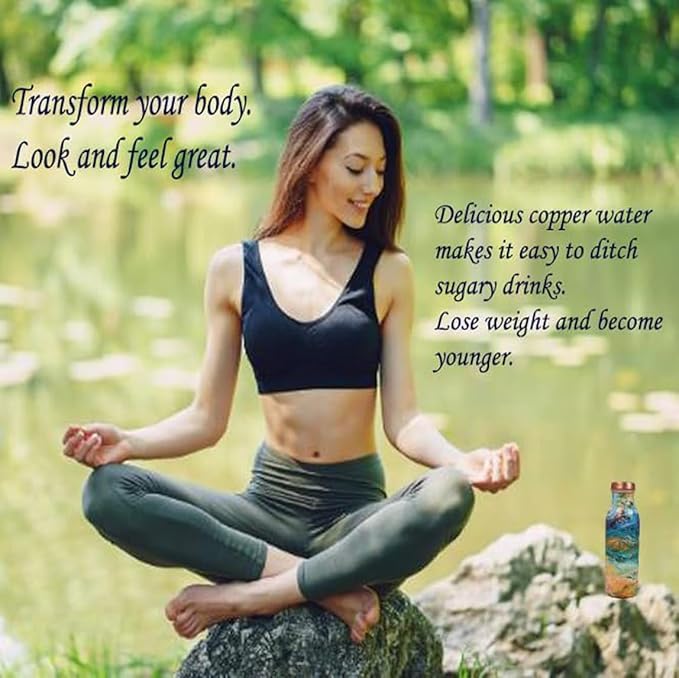 Pure Copper Water Bottle - Handcrafted - Ayurveda health benefits - Small 15 oz - Leak proof - Easy to carry for Sports, Fitness, Yoga, School - Royal Mosaic 3D Vintage Colorful Enamel