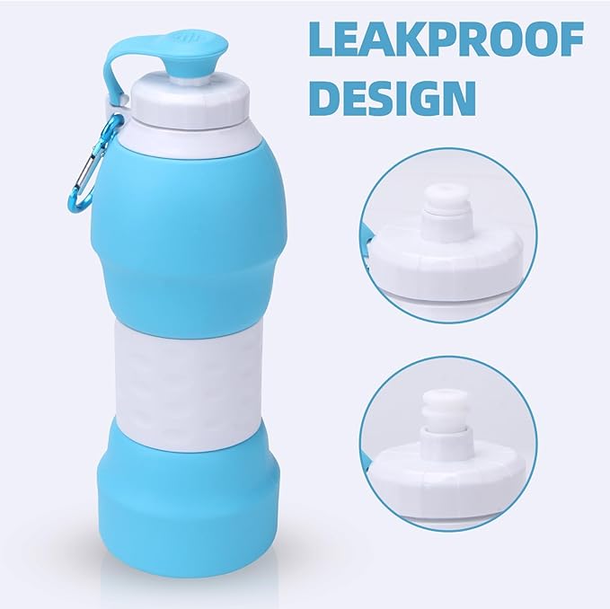 Collapsible Water Bottle, 19.6oz Leakproof Foldable BPA Free Silicone Reusable Sports Bottle, Portable Refillable Bottles with Carabiner, Ideal for Travel Hiking Outdoor Camping Gym (Blue)