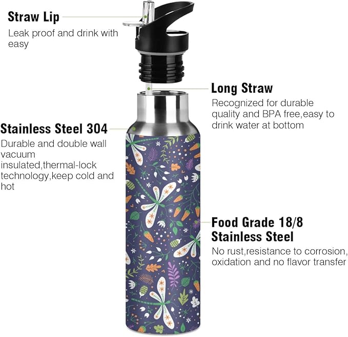 Blueangle Berries and Dragonflies Sports Water Bottle 22 OZ BPA Free Leakproof Water Bottle for Fitness Gym Camping Outdoor Sports