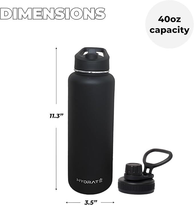 HYDRATE Insulated Stainless Steel Water Bottle - Large Reusable Flask with Leak-Proof Design and Convenient Handle - Double Vacuum Insulation for School, Work, or Adventure