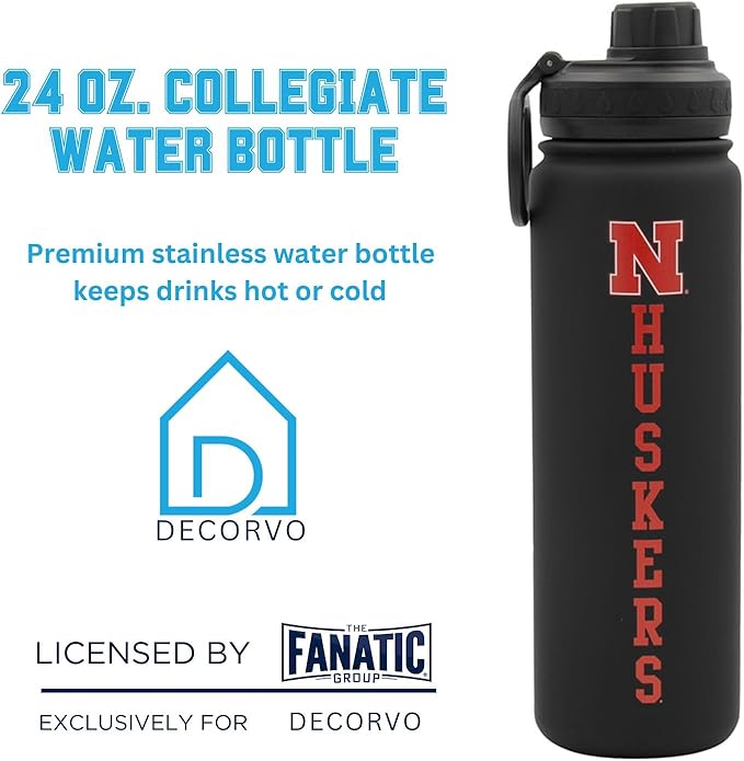 Nebraska Huskers Water Bottle - Black Double Walled Stainless Steel 24 oz Keeps Drinks Cold or Hot
