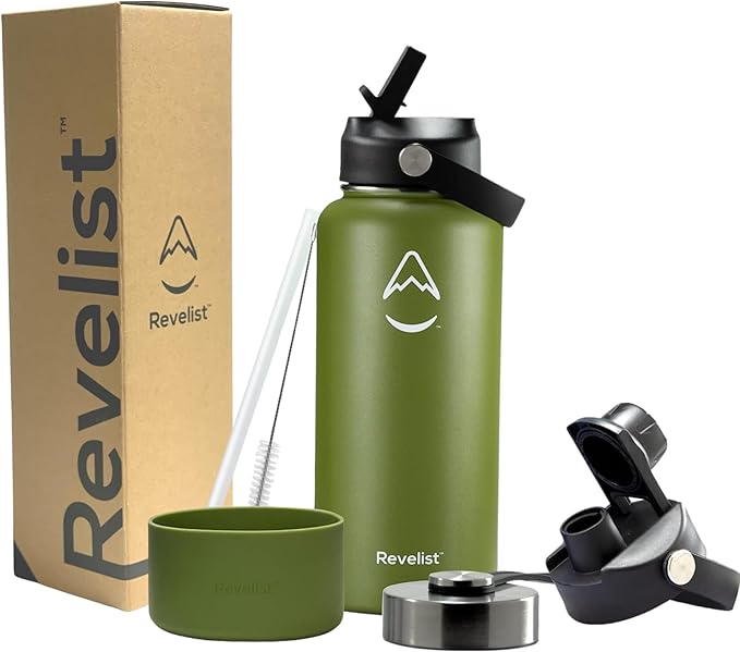 Revelist Sports Water Bottle - 32 Oz, 3 Lids (Straw Lid, Spout & Screw Top) with Boot, Vacuum Insulated Stainless Steel, Double Walled, Reusable Water Flask, Metal Canteen - Forest Green