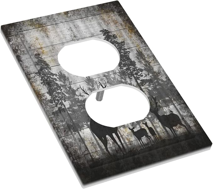 Rustic Deer Forest Vintage Wood Board Single Duplex Wall Plate Covers Boho Light Switch Cover 1 Gang Outlet Plate Decorative Country Electrical Receptacle Art Faceplate Switchplate for Farmhouse