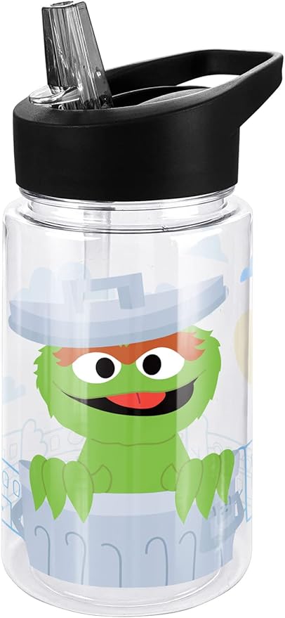 LOGOVISION Sesame Street Kids Tritan Plastic Water Bottle with Straw Lid and Handle, Reusable Tumbler for Toddlers, Unisex for Girls and Boys, 12oz, Big Oscar