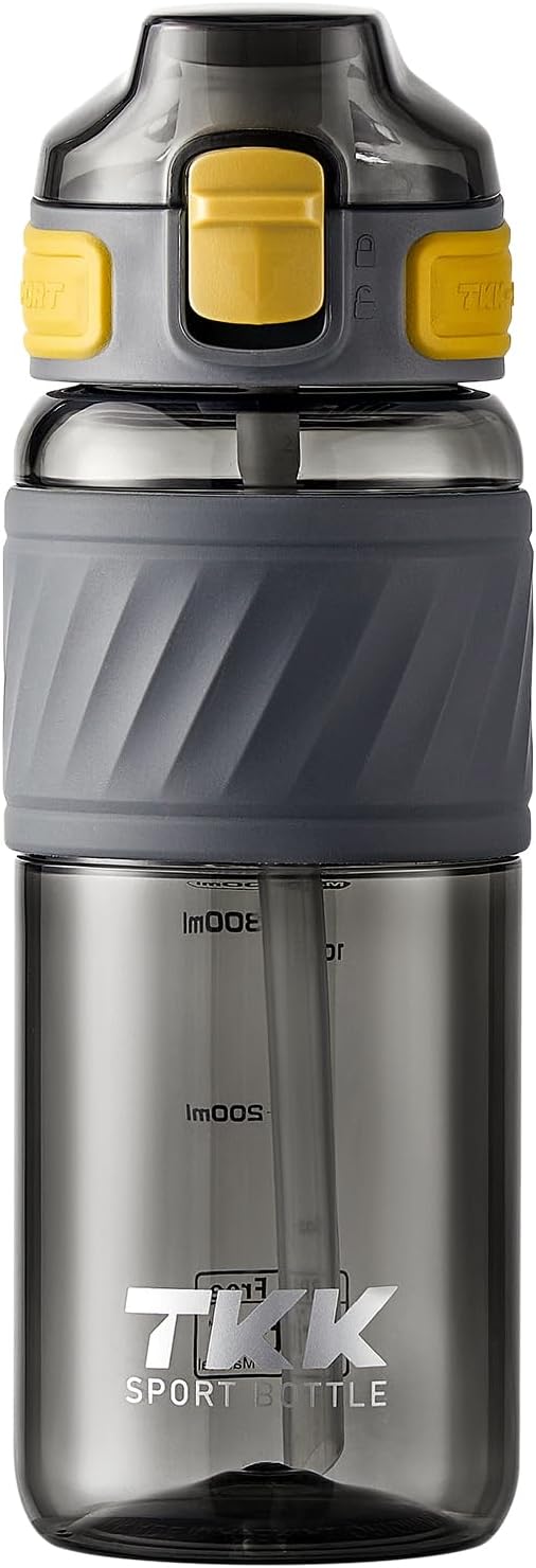 TKK 20oz Sports Water Bottles with Removable Straw Durable BPA Free Tritan Bottles Leak-Proof Water Bottles for School, Fitness, Gym, Outdoor, Grey