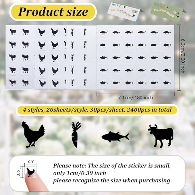 OLYCRAFT 2400pcs 4 Styles Black Meal Stickers 0.4 inch Food Choice Sticker Place Card Stickers Carrot/Chicken/Cow/Fish Wedding Meal Indicator Stickers Meal Stickers for Place Cards Party Supplies