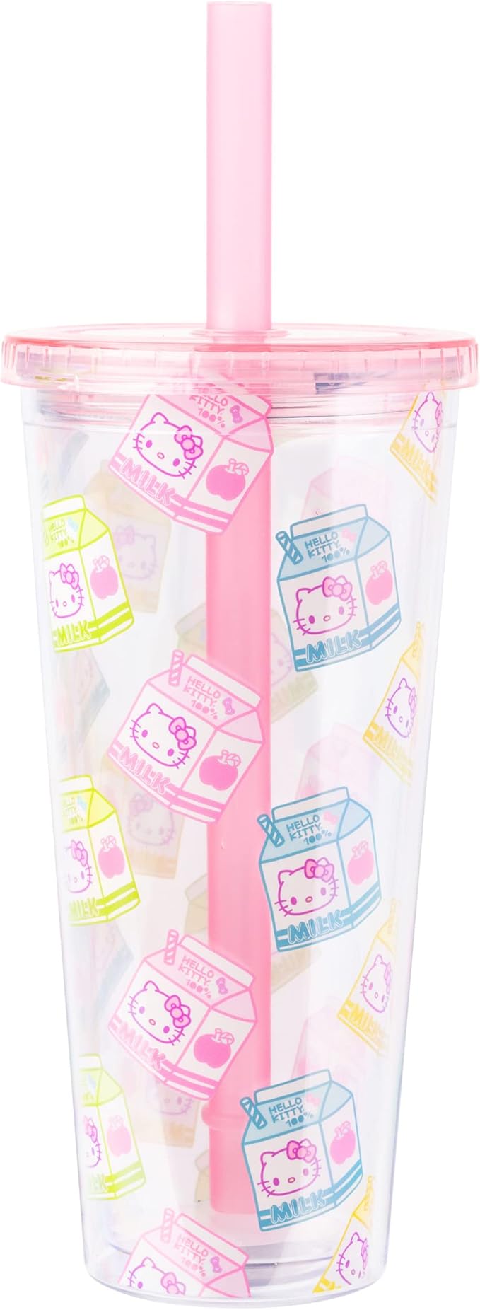 Silver Buffalo Sanrio Hello Kitty Milk Carton Pattern Plastic Boba Tumbler w Lid and Wide Straw, 24 Ounces