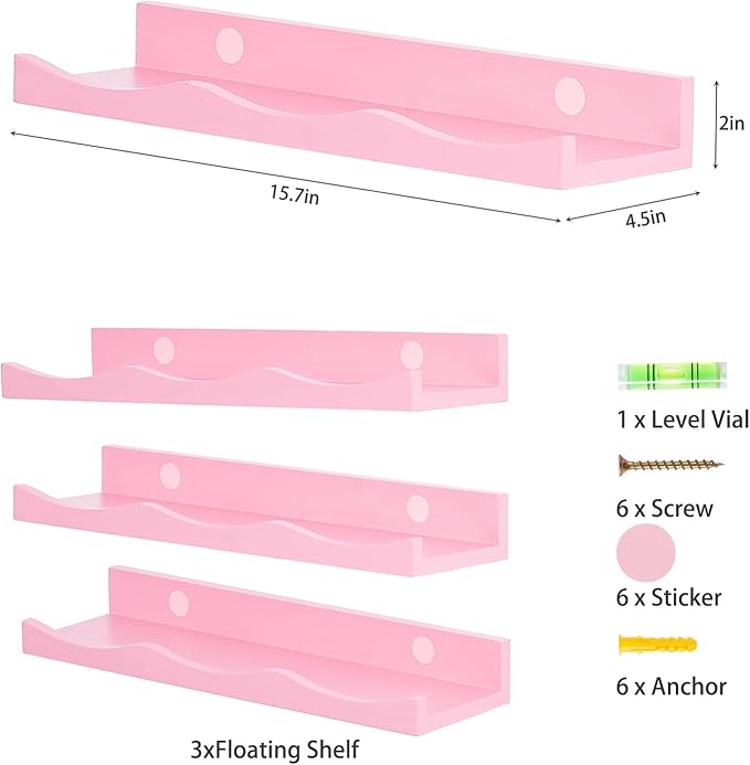 AZSKY Floating Bookshelf for Kids, Picture Ledge Shelf for Wall Decor and Storage 16 Inches Nursery Book Shelves Set 3, Baby Book Shelf for Kids Room Decor(Pink)