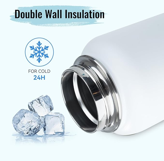 Stainless Steel Water bottle with Straw & Wide Mouth Lid, Wide Rotating Handle, 40oz Double Wall Vacuum Insulated Water Bottle Leak Proof, BPA Free, Keep Cold and Hot, 40oz, White