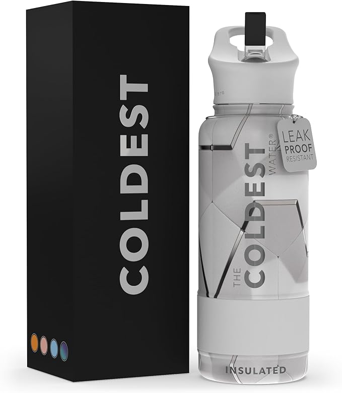Coldest Sports Water Bottle with Straw Lid Vacuum Insulated Stainless Steel Metal Thermos Bottles Reusable Leak Proof Flask for Sports Gym (32 oz, Geometrix White)