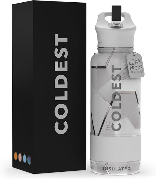 Coldest Sports Water Bottle with Straw Lid Vacuum Insulated Stainless Steel Metal Thermos Bottles Reusable Leak Proof Flask for Sports Gym (32 oz, Geometrix White)