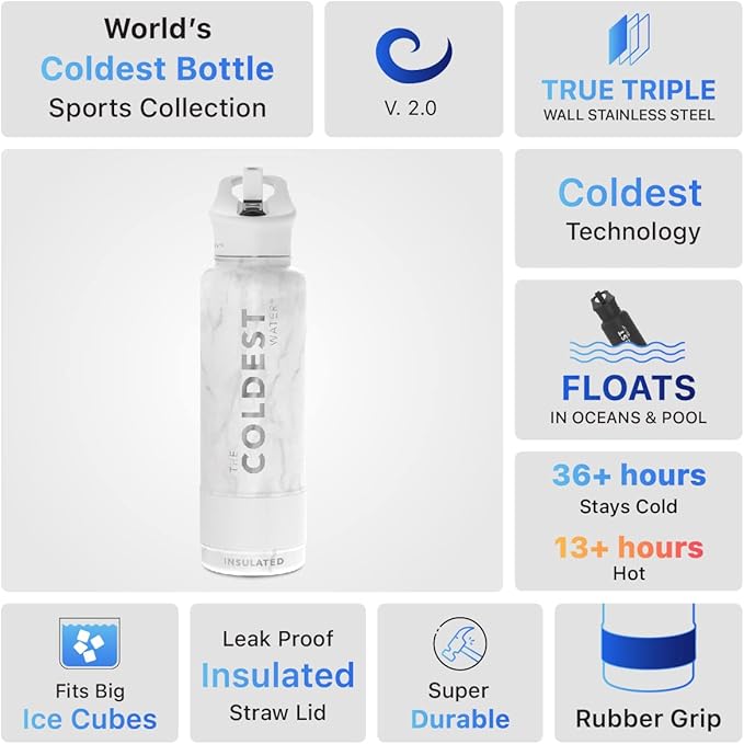 Coldest Sports Water Bottle with Straw Lid Vacuum Insulated Stainless Steel Metal Thermos Bottles Reusable Leak Proof Flask for Sports Gym (40 oz, Carrara Marble)