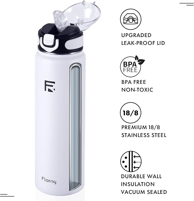 32 oz Insulated Water Bottle with Straw, Stainless Steel Metal Thermos Bottles, Durable Non-Slip Gradient Bottle with Strap for Sports and Travel, Leak Proof (White Matte)