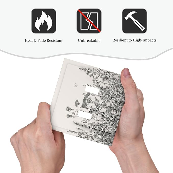 Vintage Grey Floral Herbs Wild Flowers Botanical Double Toggle Boho Light Switch Covers Decorative Country Unique 2 Gang Wall Plate Dual Electrical Faceplate Switchplate for Living Room