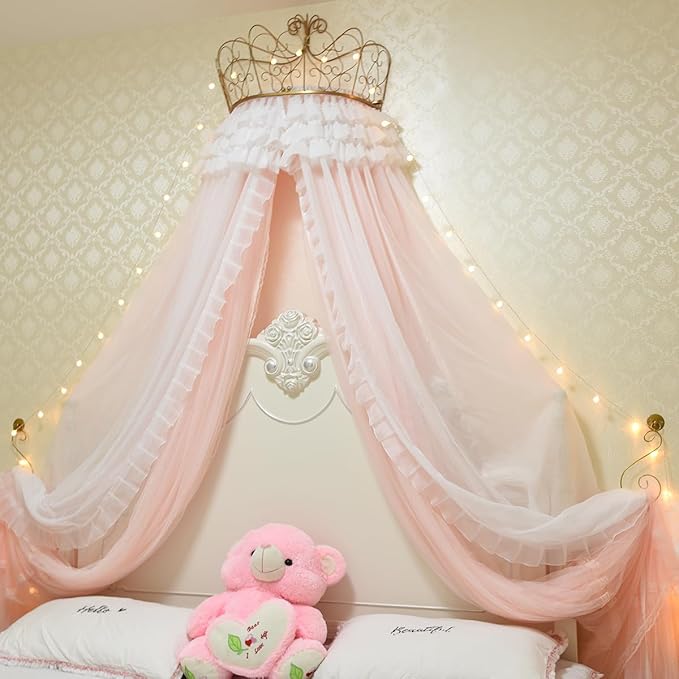 Girl Bed Curtain Princess Crown Mosquito Netting Children Room Decor Bedside Yarn Net Romantic Princess Tents Bed Canopy Valance (Orange)