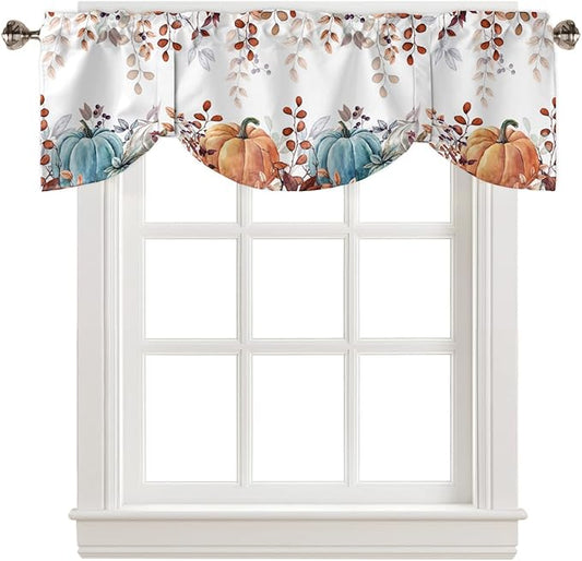 Fall Thanksgiving Blackout Tie Up Valance Curtains for Kitchen Windows Watercolor Autumn Pumpkins Eucalyptus Leaves Window Toppers Balloon Shades for Living Room/Bathroom/Bedroom,42" X 18",Blue Orange