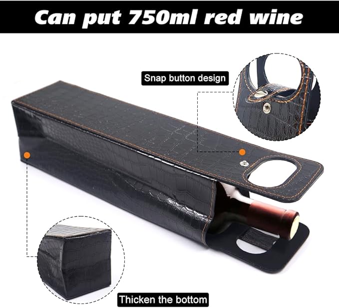Single Bottle Wine Tote, Reusable Leather Wine Bag Tote, Single Bottle Wine Tote Bag, Crocodile Grain Wine Gift Bag for Picnic, Travel, Party, Birthday, Wedding, Restaurant (Black)